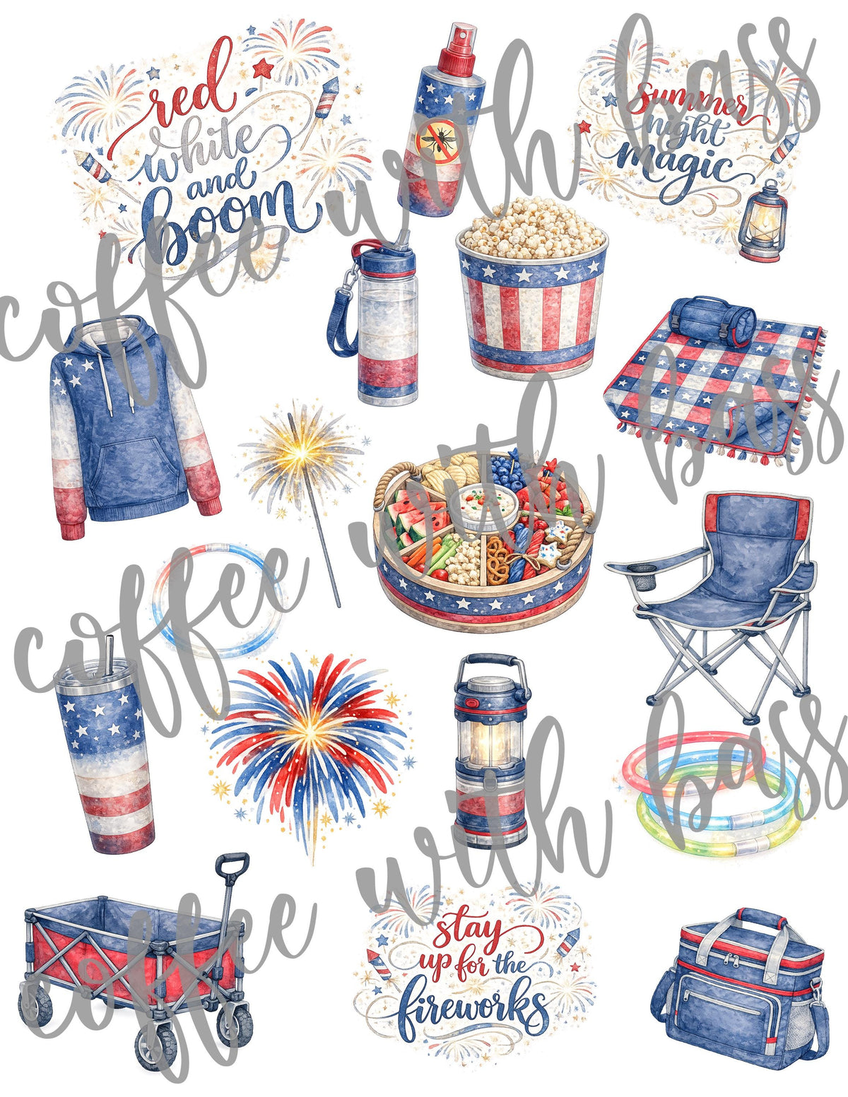 Red White Boom Scrapbook Kit | Patriotic Watercolor Papers, Elements (Digital Download)