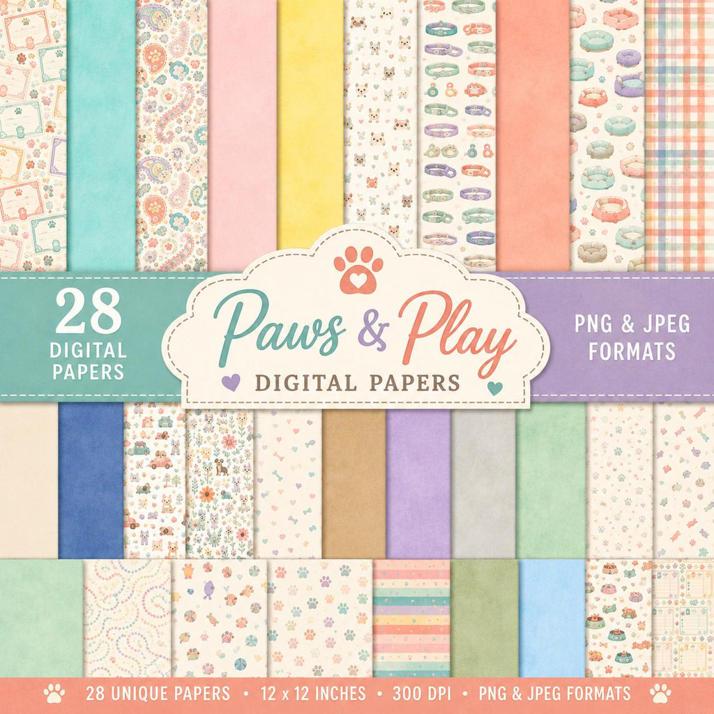 Paws & Play Digital Scrapbook Kit | Cat Stickers, Pet Titles, Digital Papers (Commercial Use)