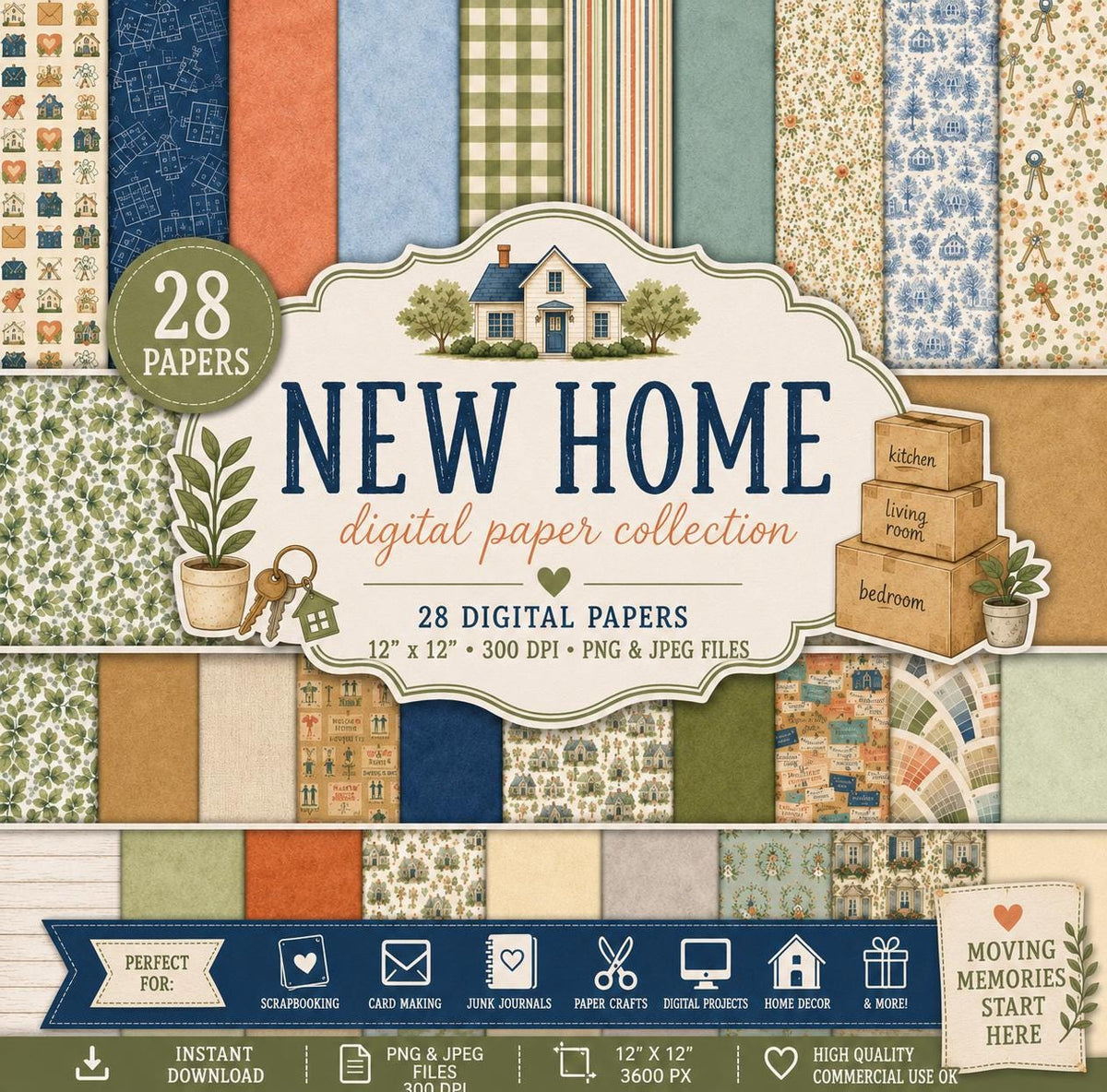 New Home Digital Scrapbook Kit, Watercolor Farmhouse Papers, Housewarming PNG Elements (Digital Download)