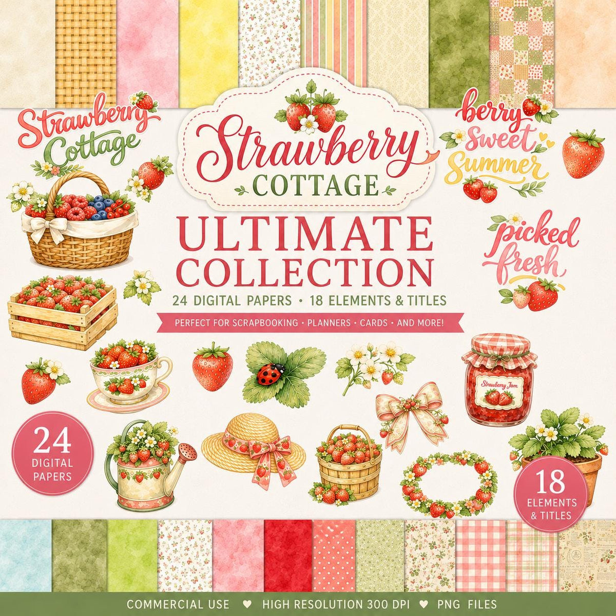 Strawberry Cottage Digital Scrapbook Papers & Clipart Elements (Digital Download)