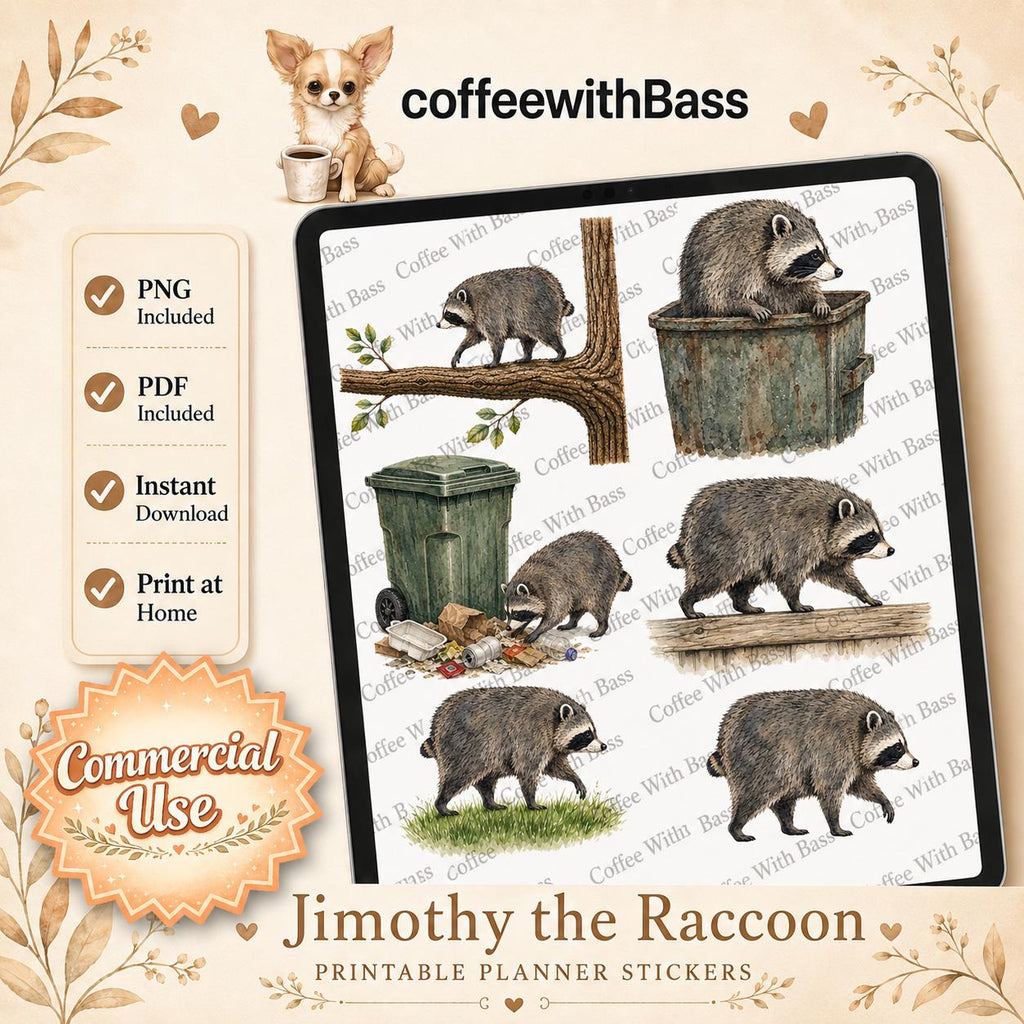 Jimothy the Raccoon Planner Stickers PNG |Woodland Raccoon Clipart |Printable Stickers | Transparent PNG | PDF Sticker Sheet |Commercial Use
