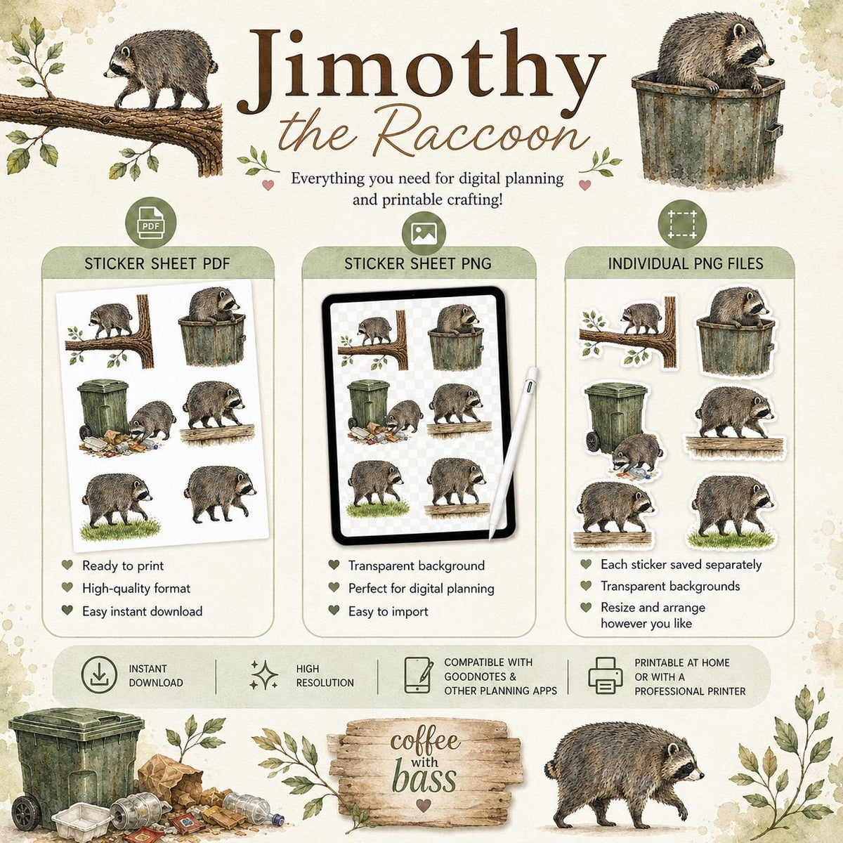 Jimothy the Raccoon Planner Stickers PNG |Woodland Raccoon Clipart |Printable Stickers | Transparent PNG | PDF Sticker Sheet |Commercial Use