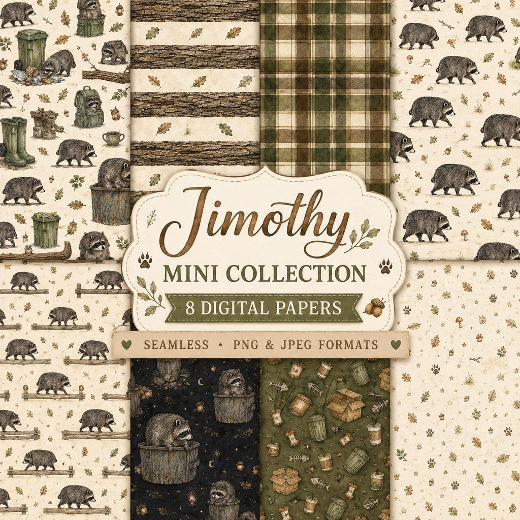 Fall Digital Paper, Autumn Scrapbook Paper, Forest Raccoon Patterns, Woodland Junk Journal Paper