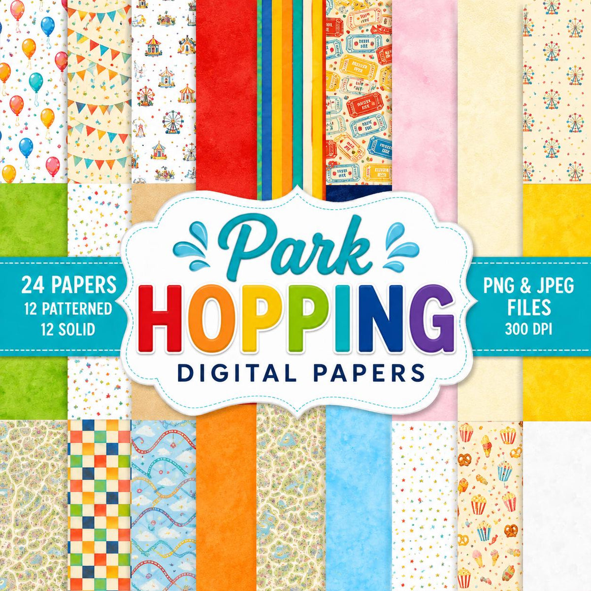Park Hopping Fun Memories Scrapbook Kit | Papers, Elements, Word Art (Digital Download)