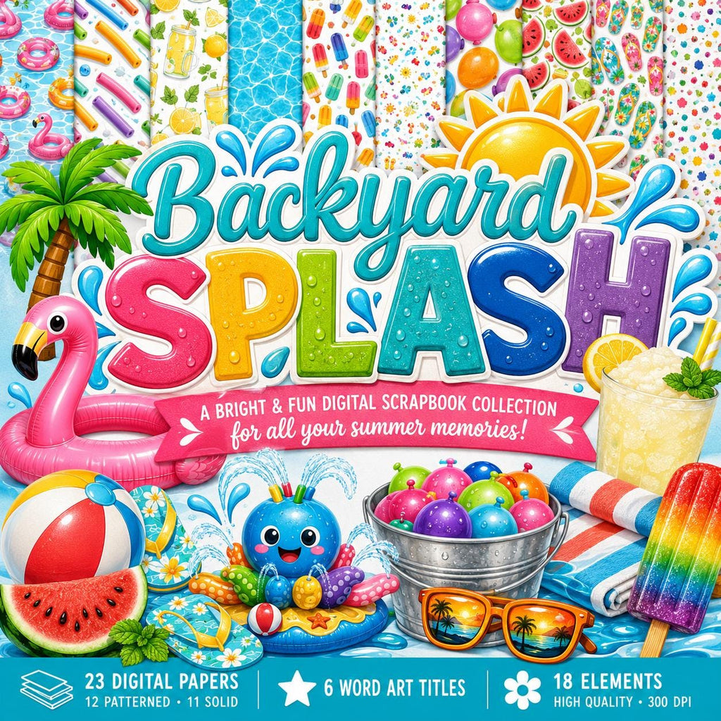 Backyard Splash Digital Scrapbook Kit | Summer Pool Party Papers, Elements (Digital Download)