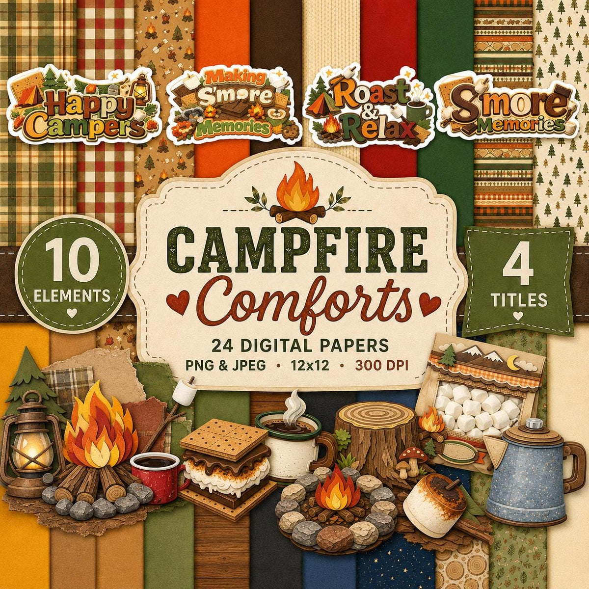Campfire Comforts Digital Scrapbook Kit | Camping Papers, Elements, Word Art (Digital Download)