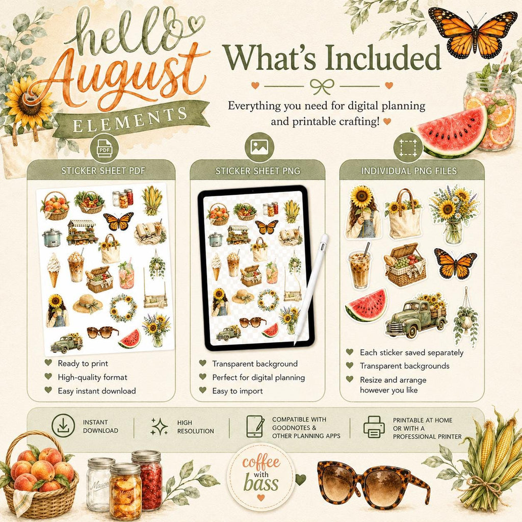 Hello August Watercolor Clipart Bundle | 26 Summer PNG Elements | Sunflower Clipart | Farmhouse Planner Stickers | Instant Download