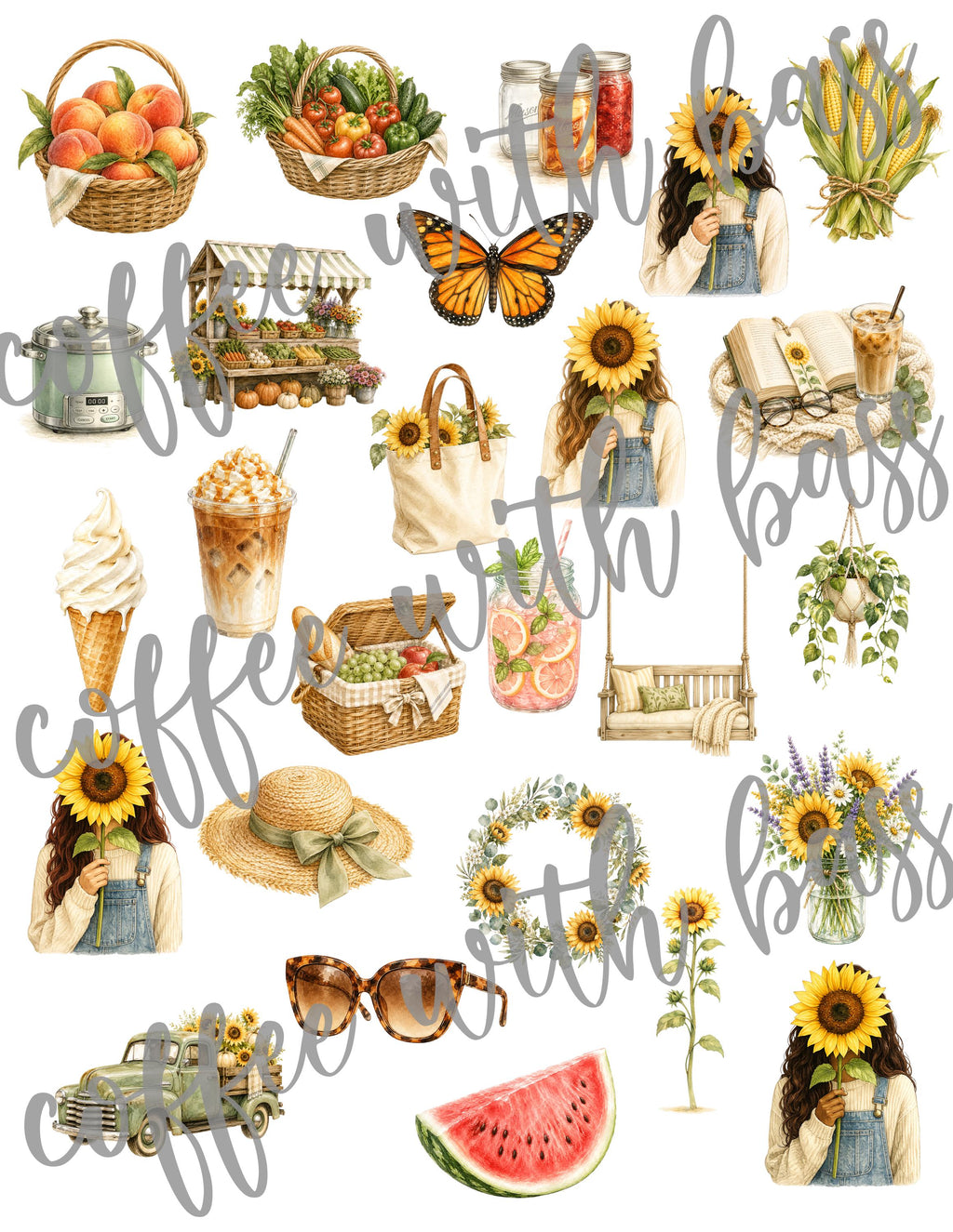 Hello August Watercolor Clipart Bundle | 26 Summer PNG Elements | Sunflower Clipart | Farmhouse Planner Stickers | Instant Download