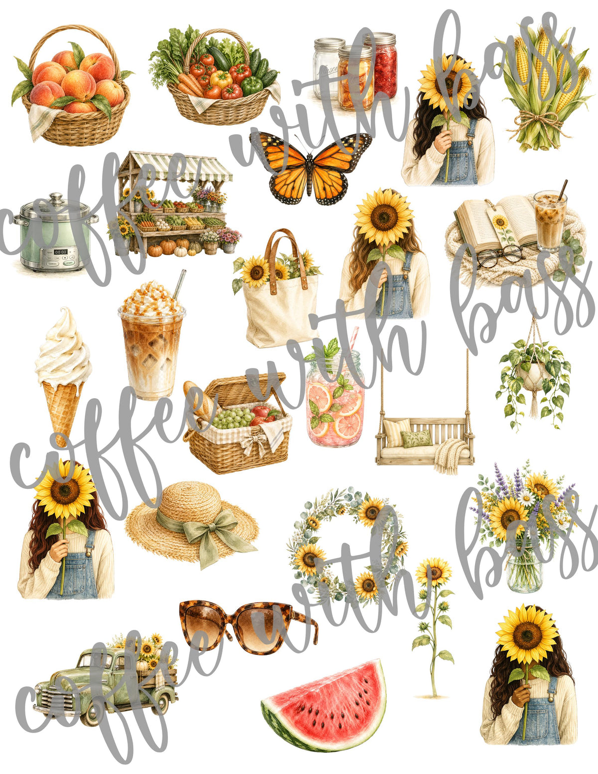 Hello August Watercolor Clipart Bundle | 26 Summer PNG Elements | Sunflower Clipart | Farmhouse Planner Stickers | Instant Download