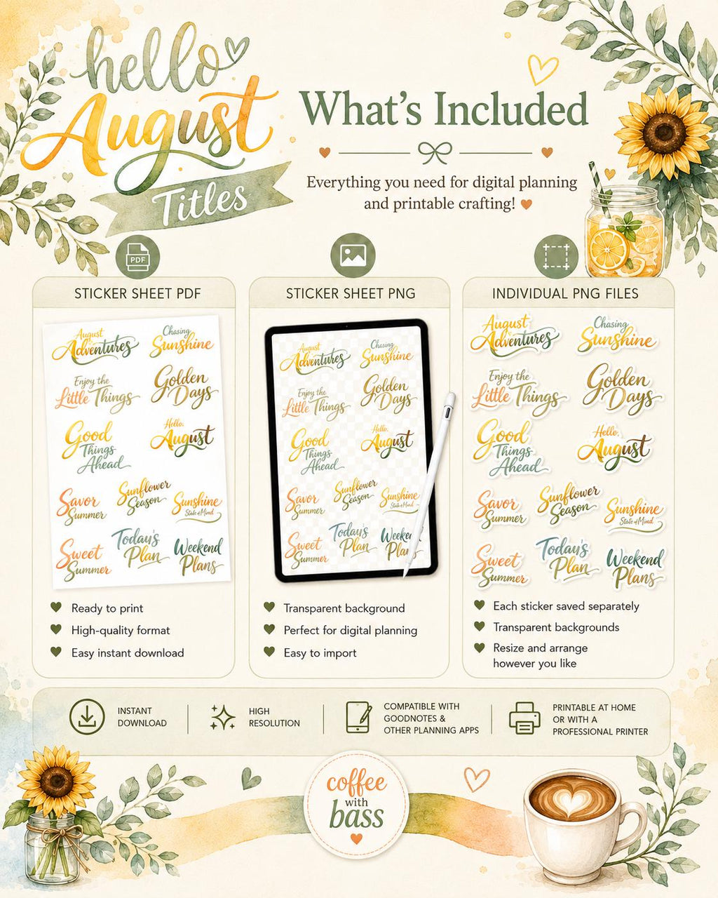 Hello August Watercolor Word Art Bundle | 12 Summer Planner Titles | Hand Lettered PNG | Transparent Clipart | Instant Download