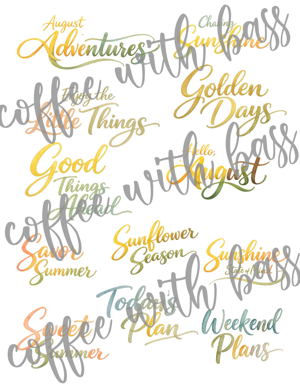 Hello August Watercolor Word Art Bundle | 12 Summer Planner Titles | Hand Lettered PNG | Transparent Clipart | Instant Download