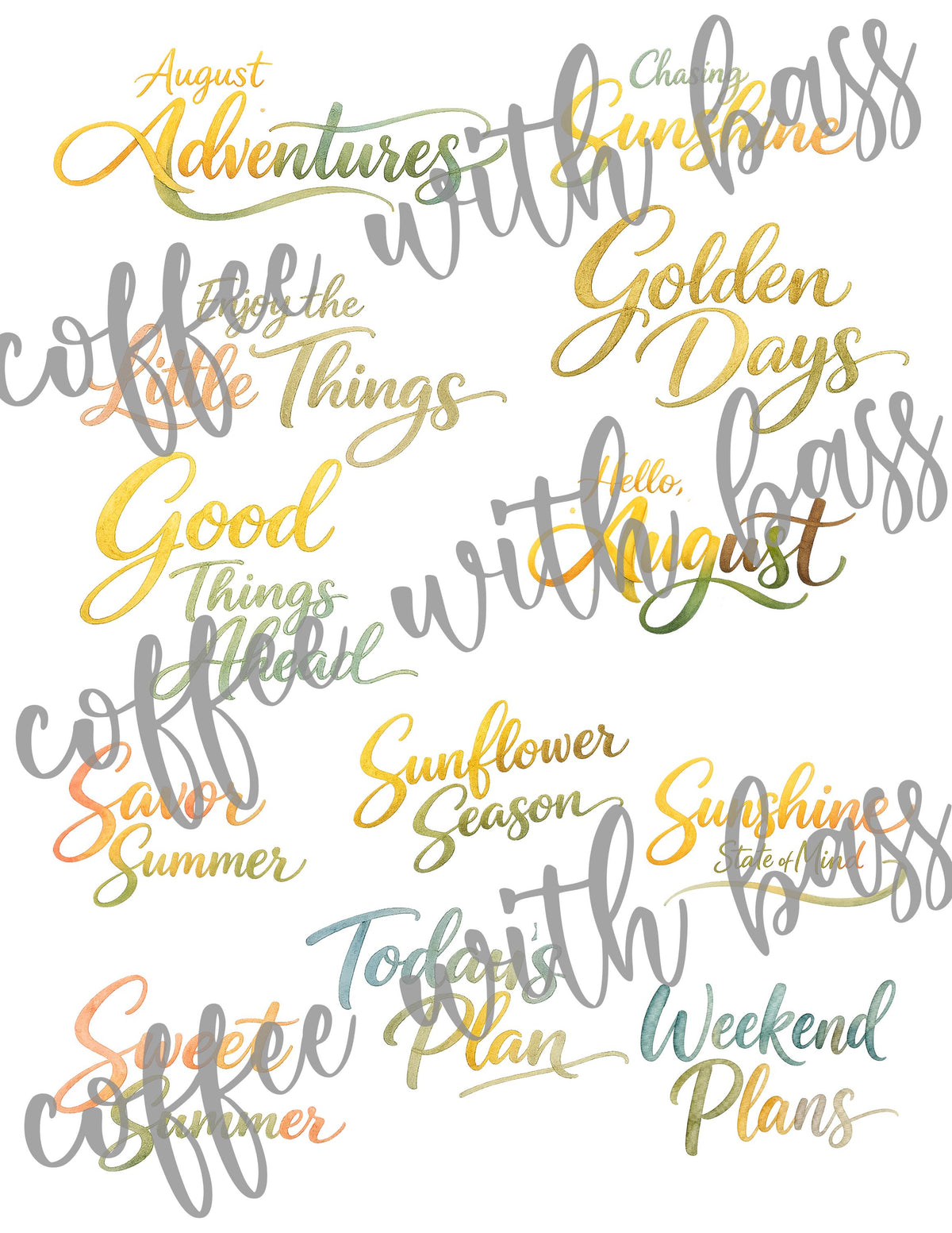 Hello August Watercolor Word Art Bundle | 12 Summer Planner Titles | Hand Lettered PNG | Transparent Clipart | Instant Download