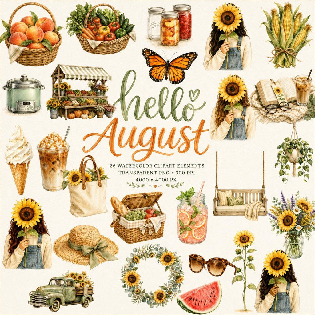 Hello August Digital Scrapbook Kit | 26 PNG Elements, 24 Papers & 12 Titles | Watercolor Summer Bundle | Instant Download