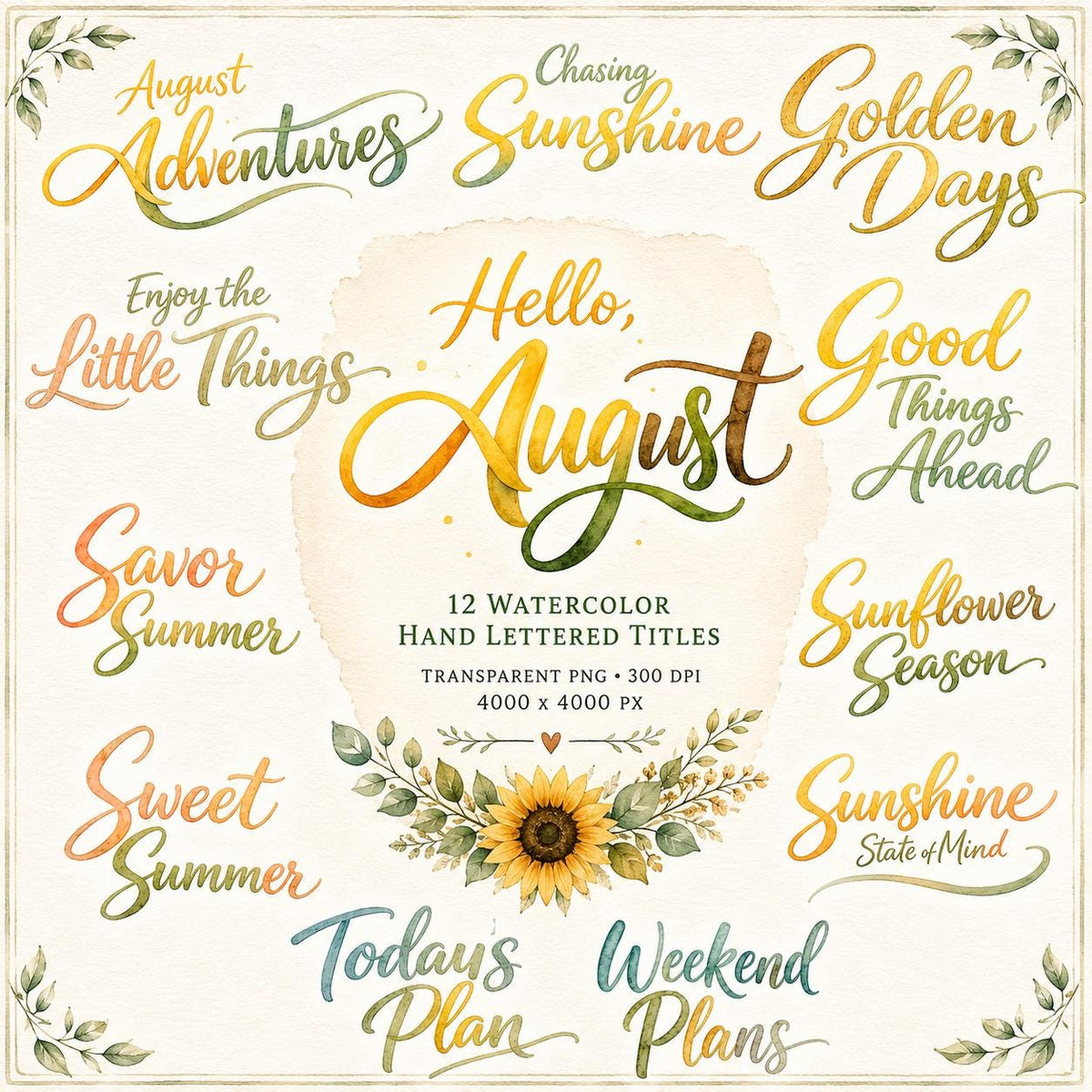 Hello August Digital Scrapbook Kit | 26 PNG Elements, 24 Papers & 12 Titles | Watercolor Summer Bundle | Instant Download