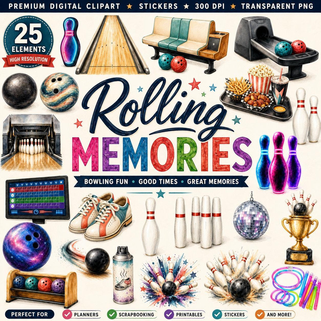 Bowling Clipart PNG Bundle | Bowling Scrapbook Elements | Bowling Stickers | Planner Stickers | Commercial Use