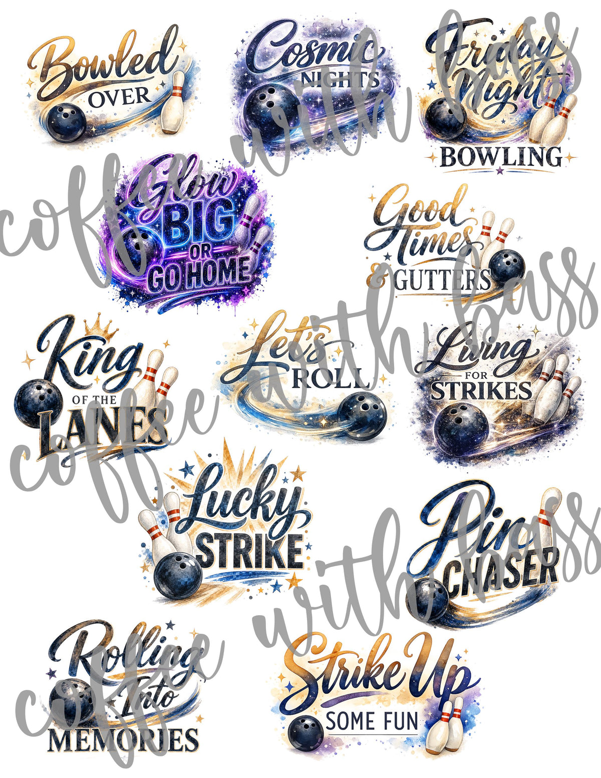 Bowling Titles PNG Bundle | Bowling Word Art | Scrapbook Titles | Planner Stickers | Watercolor Clipart | Commercial Use