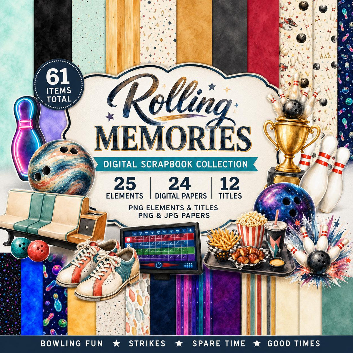 Bowling Digital Scrapbook Kit | Bowling Clipart PNG | 24 Digital Papers | Bowling Titles | Planner Stickers | Commercial Use