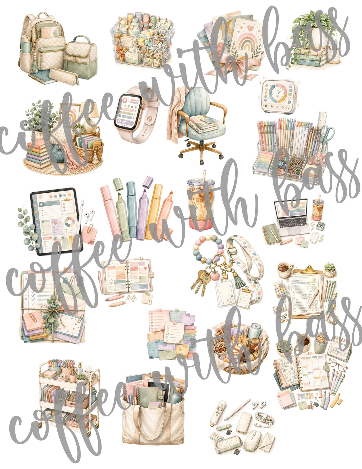 Teacher Planner Stickers PNG | 23 Watercolor Planner Elements | Classroom Planner Clipart | Teacher Journal | Digital Download