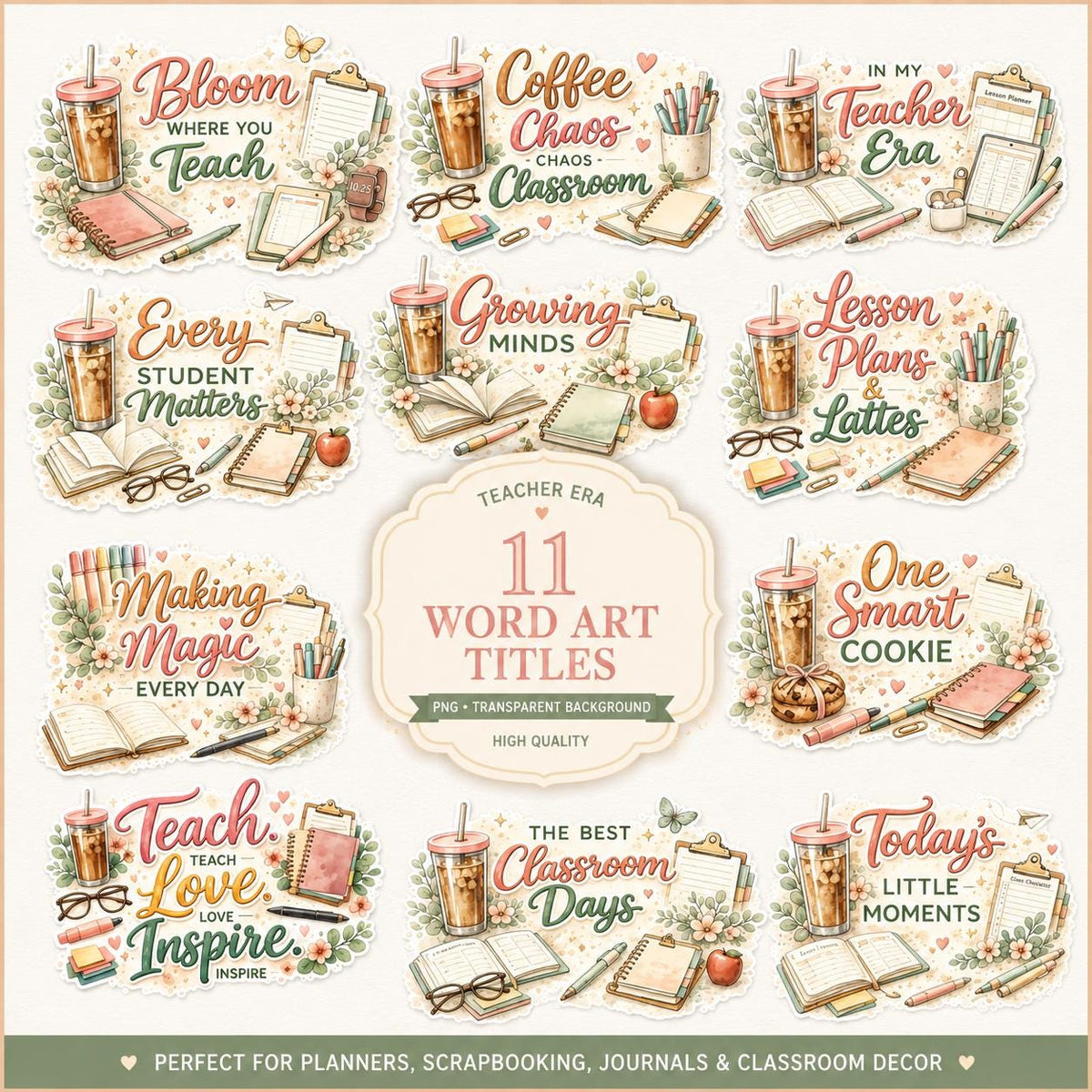 Teacher Word Art PNG Bundle | 11 Watercolor Teacher Quotes | Classroom Titles | Planner & Scrapbook Clipart | Digital Download