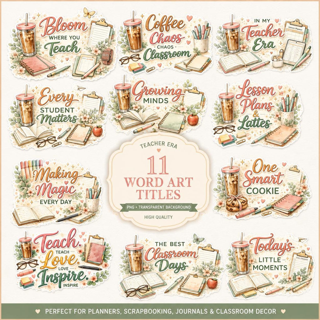 Teacher Digital Scrapbook Kit | 23 PNG Elements, 24 Papers & 11 Word Art Titles | Watercolor Teacher Clipart | Digital Download