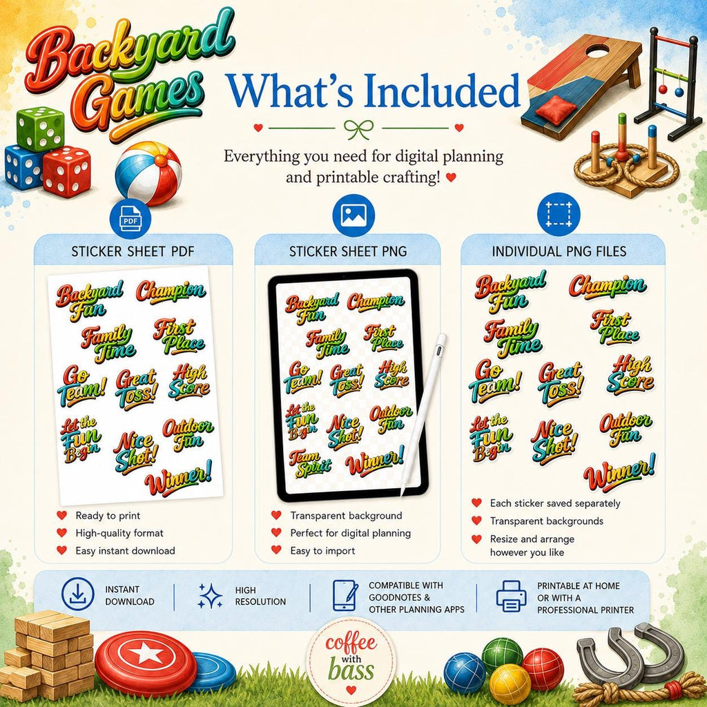 Backyard Games Word Art PNG Bundle, Summer Party Titles, Family BBQ Scrapbook (Instant Download)