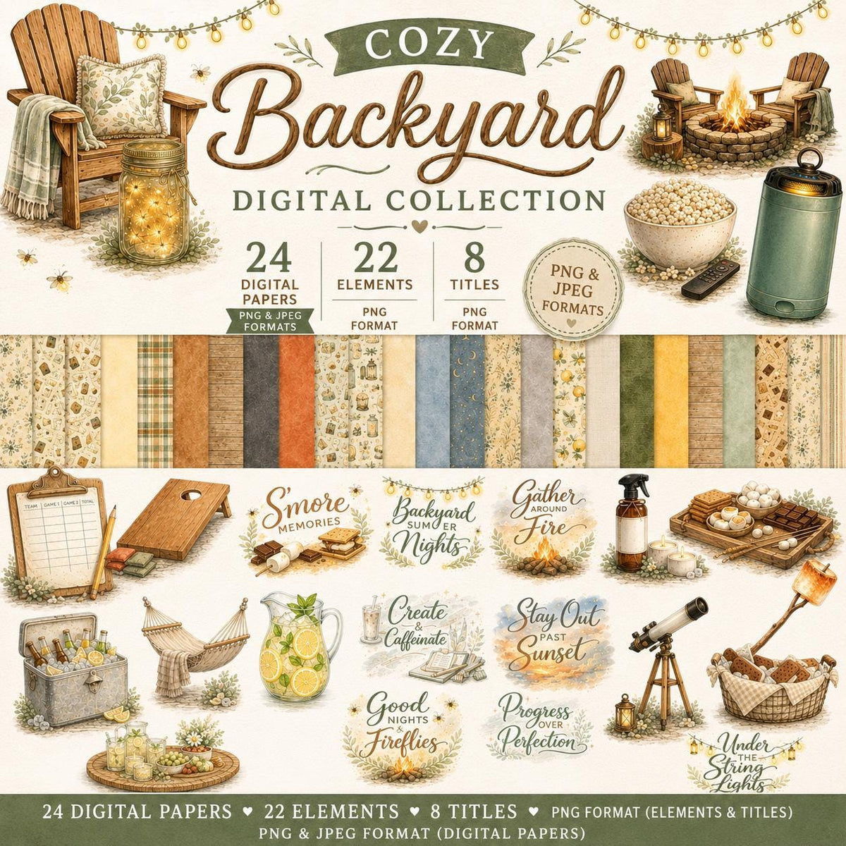 Cozy Backyard Digital Scrapbook Kit, Campfire, Summer Nights, Fireflies (Digital Download)