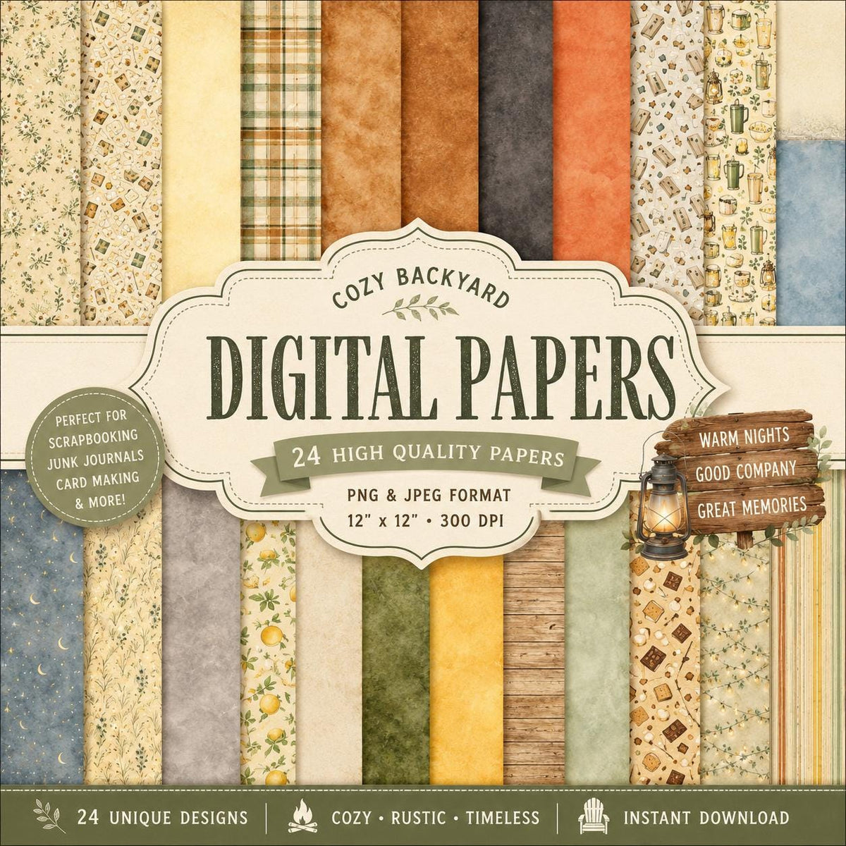 Cozy Backyard Digital Scrapbook Kit, Campfire, Summer Nights, Fireflies (Digital Download)