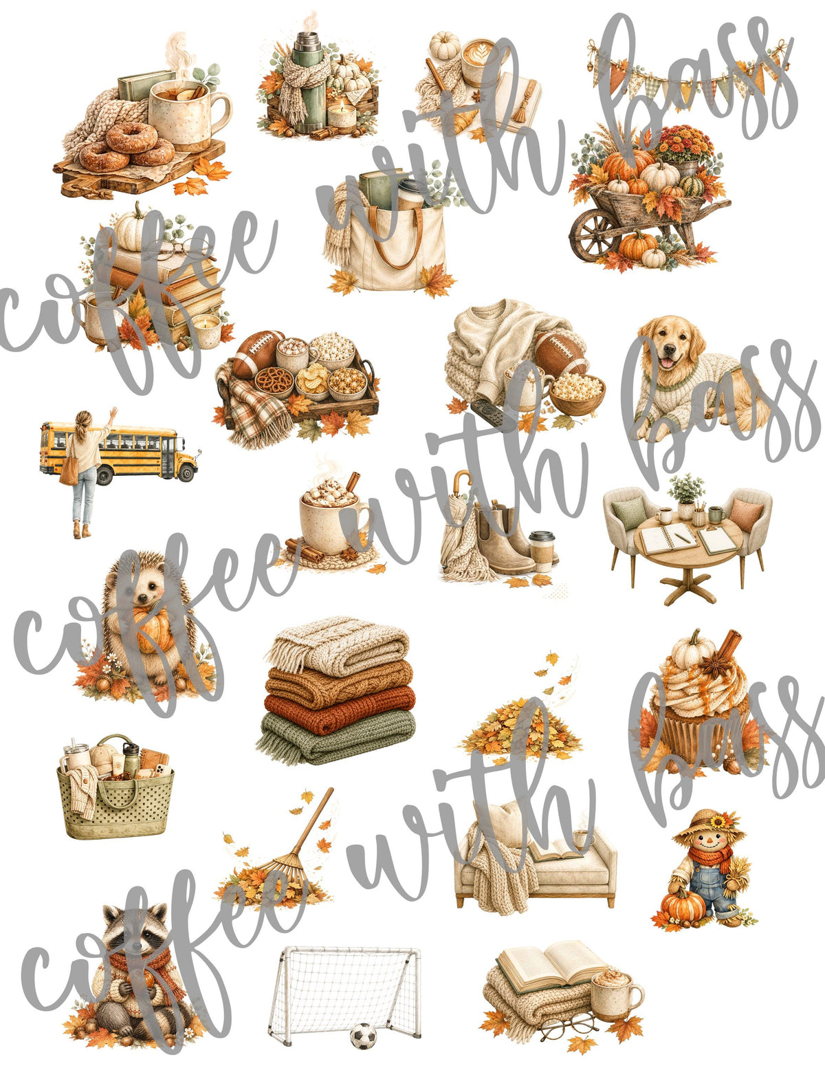 Everyday September Planner Stickers PNG | Cozy Fall Autumn Clipart | 25 Watercolor Digital Stickers | Journal Scrapbook PNG