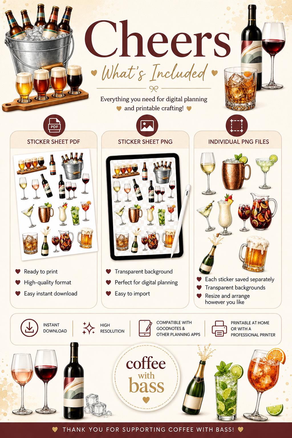 Cheers Digital Scrapbook Elements | Cocktail & Wine Clipart | 19 PNG Elements and PDF | Commercial Use | Instant Download