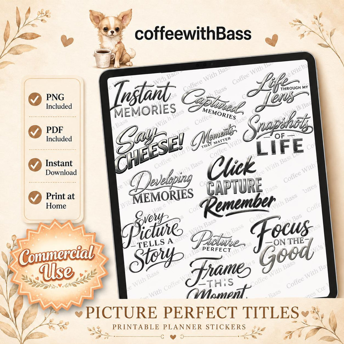 Picture Perfect Titles | Photography Word Art | Scrapbook Titles PNG PDF | Planner Stickers | Commercial Use