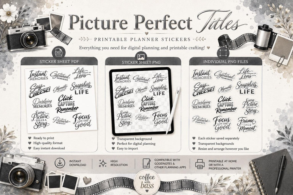 Picture Perfect Titles | Photography Word Art | Scrapbook Titles PNG PDF | Planner Stickers | Commercial Use
