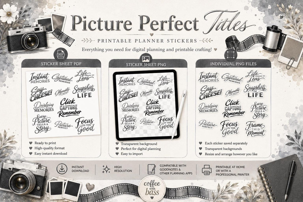 Picture Perfect Titles | Photography Word Art | Scrapbook Titles PNG PDF | Planner Stickers | Commercial Use