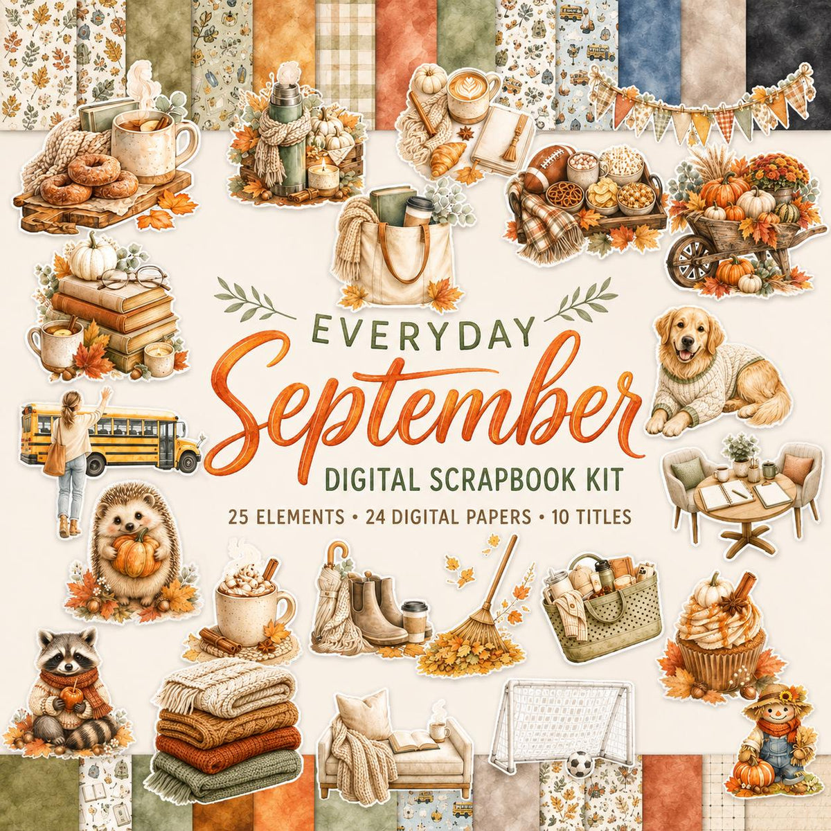 September Digital Planner Bundle, Fall Junk Journal Kit, Autumn Scrapbook Papers and Stickers