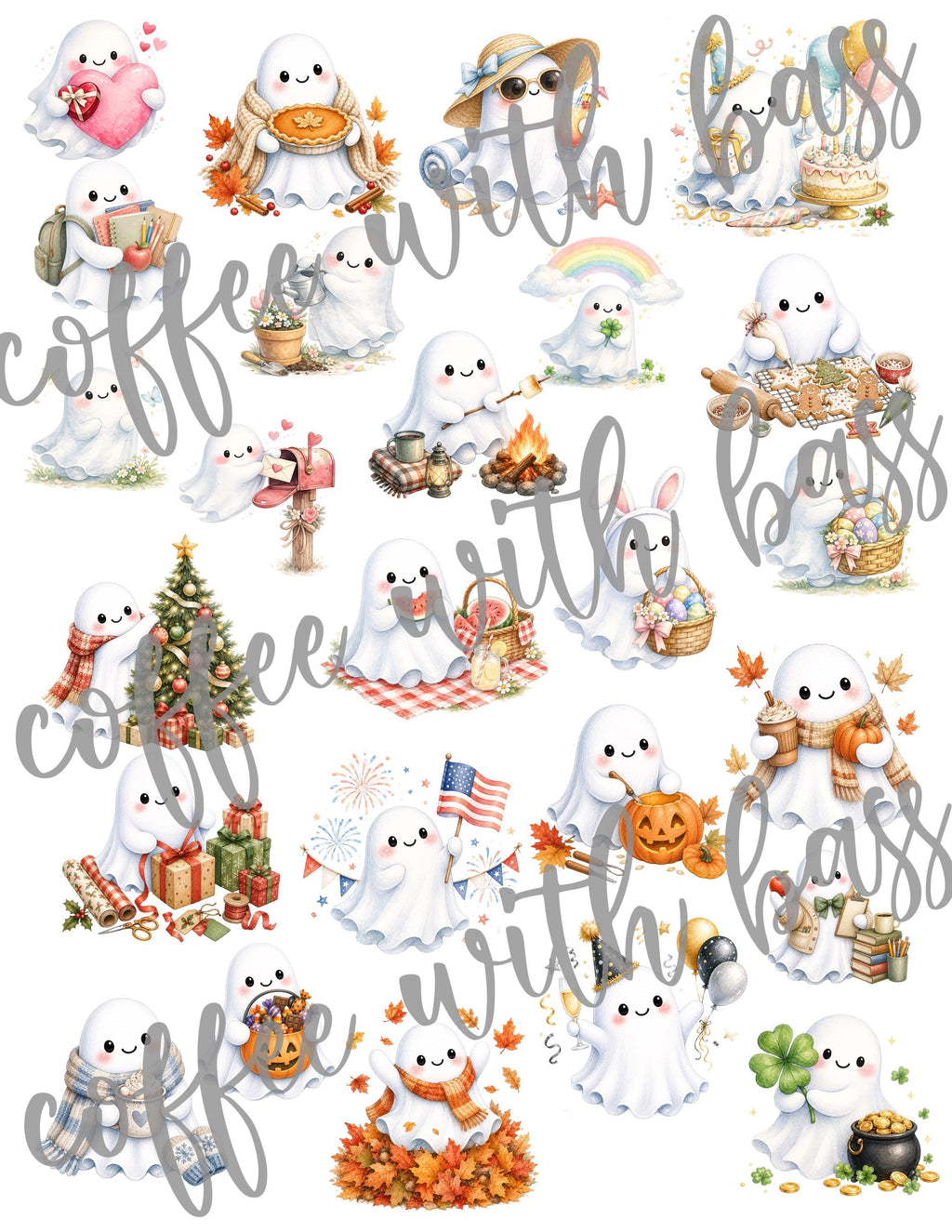 Ghost Celebration Planner Stickers | 25 Cute Ghost Digital Stickers | Watercolor PNG | Transparent Planner Stickers | Instant Download