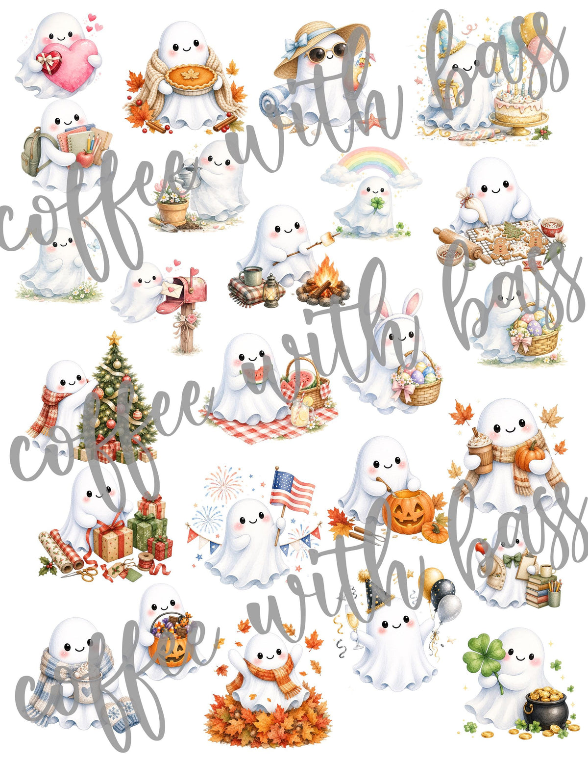 Ghost Celebration Planner Stickers | 25 Cute Ghost Digital Stickers | Watercolor PNG | Transparent Planner Stickers | Instant Download