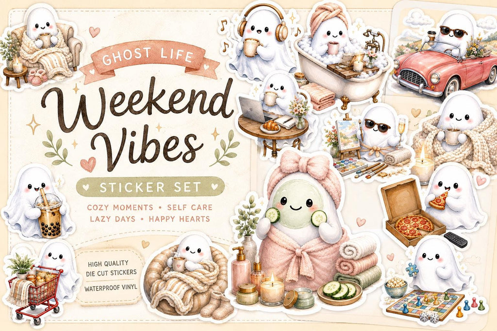 Ghost Life Weekend Vibes Digital Planner Stickers | Cozy Ghost PNG Stickers | Cute Planner Elements | GoodNotes | Printable