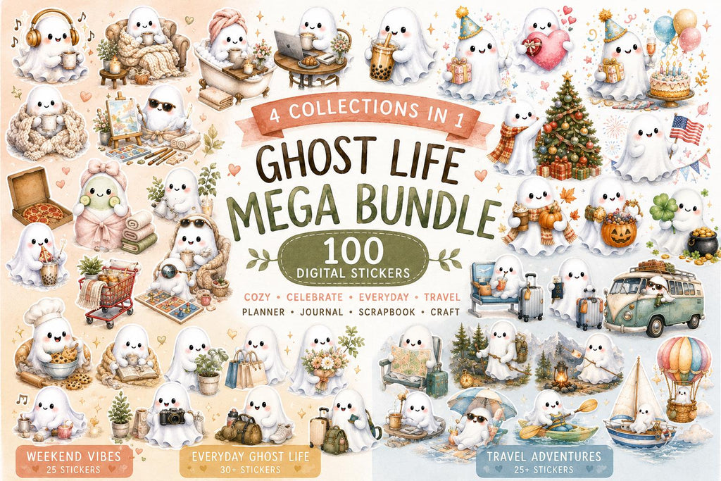 Ghost Life Mega Bundle | 100 Cute Ghost Digital Planner Stickers | PNG Sticker Bundle | GoodNotes | Printable Journal Stickers