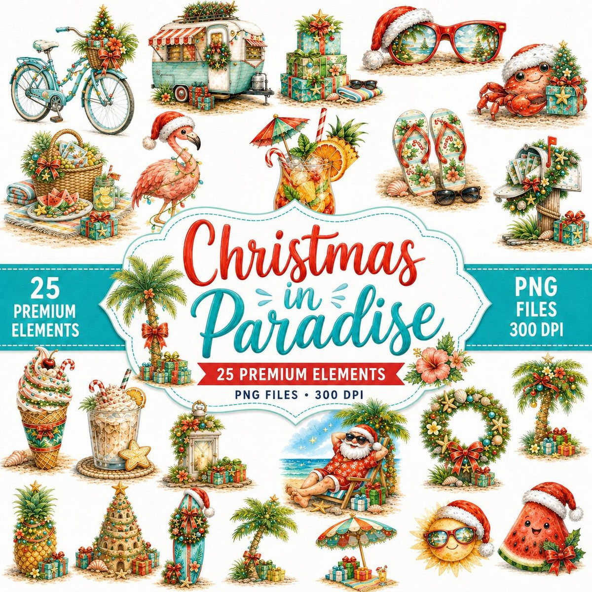 Christmas in Paradise Digital Scrapbook Kit | 25 Tropical Christmas PNG Clipart | Beach Christmas Clip Art | Summer Xmas Graphics