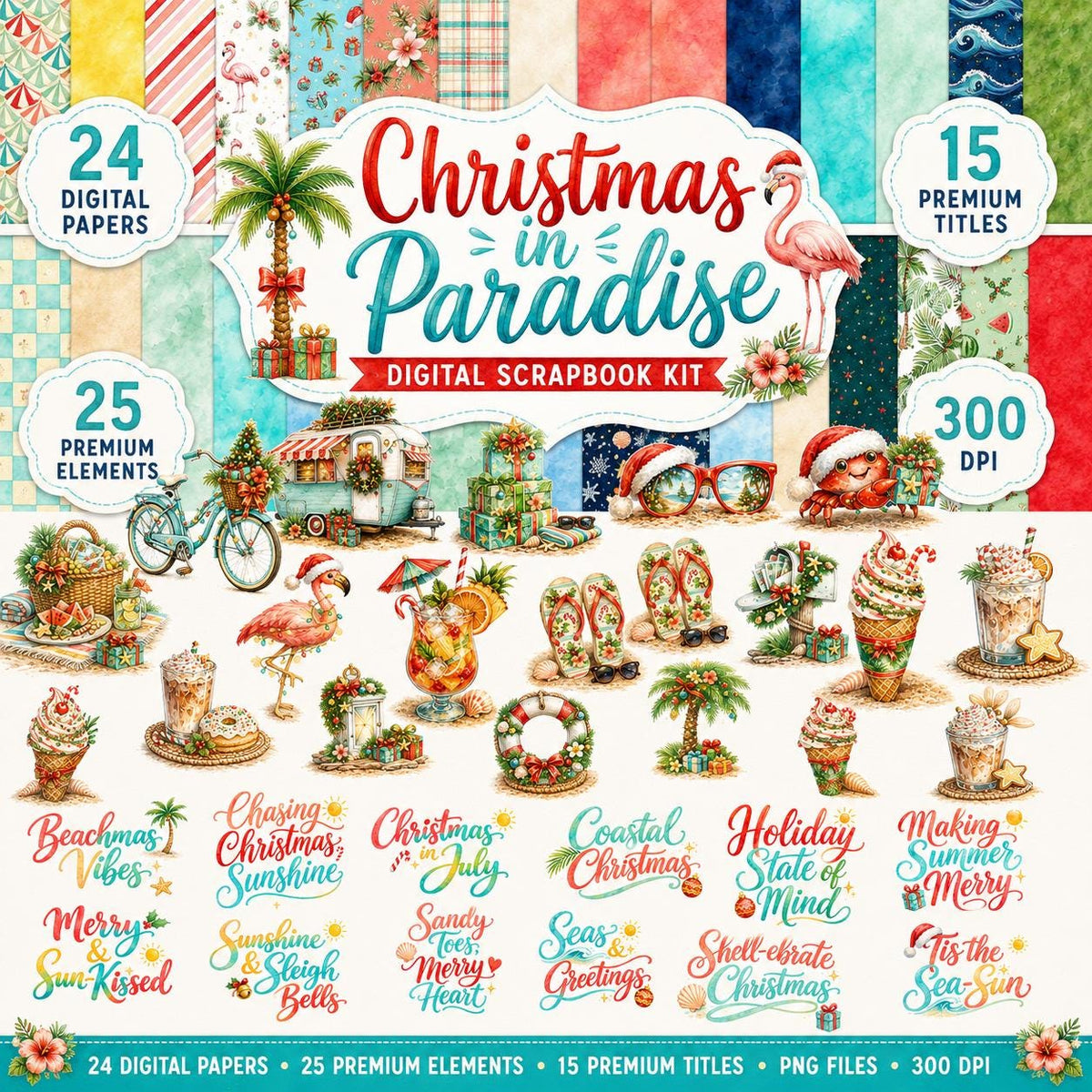 Christmas in Paradise Digital Scrapbook Kit | 25 PNG Clipart, 24 PNG & JPEG Papers, 15 Word Art Titles | Beach Christmas