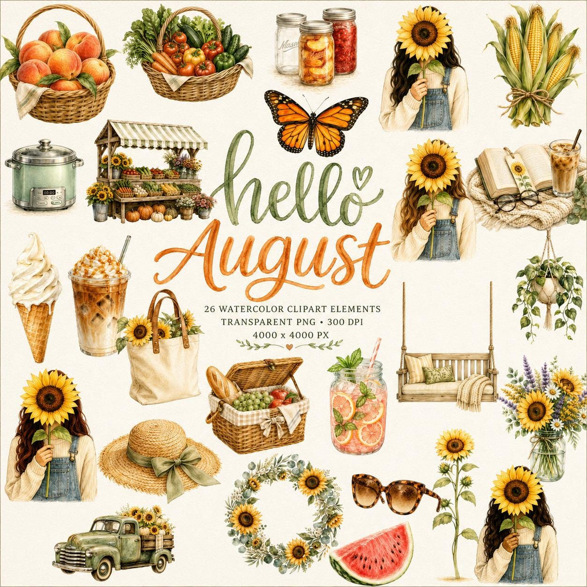Hello August Watercolor Clipart Bundle | 26 Summer PNG Elements | Sunflower Clipart | Farmhouse Planner Stickers | Instant Download