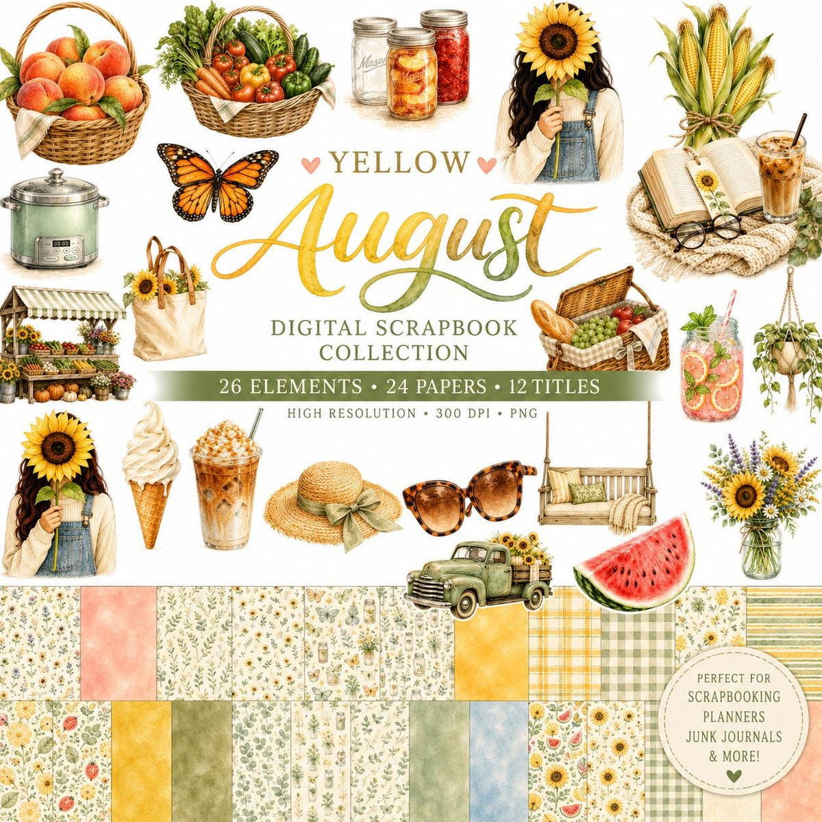 Hello August Digital Scrapbook Kit | 26 PNG Elements, 24 Papers & 12 Titles | Watercolor Summer Bundle | Instant Download