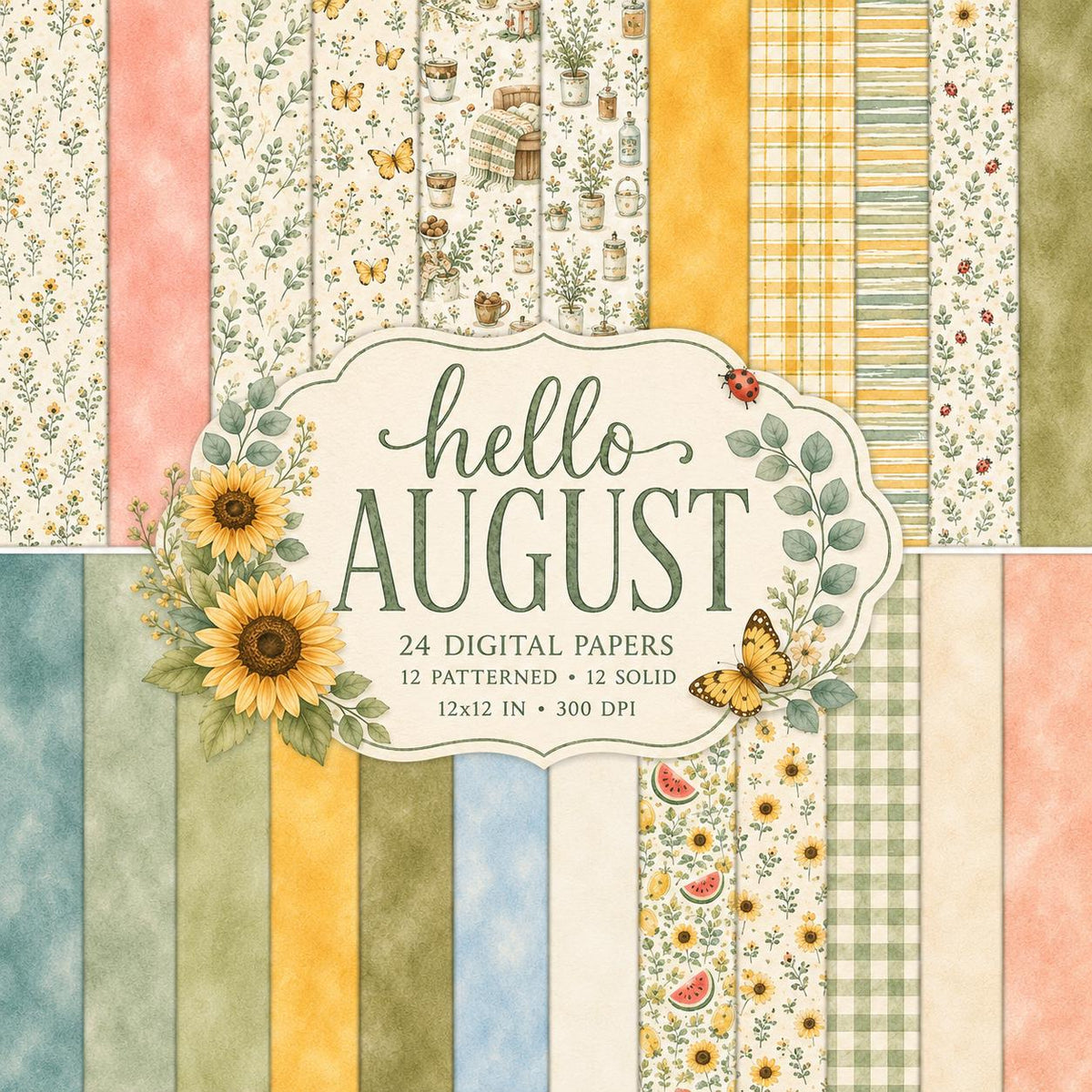 Hello August Digital Scrapbook Kit | 26 PNG Elements, 24 Papers & 12 Titles | Watercolor Summer Bundle | Instant Download