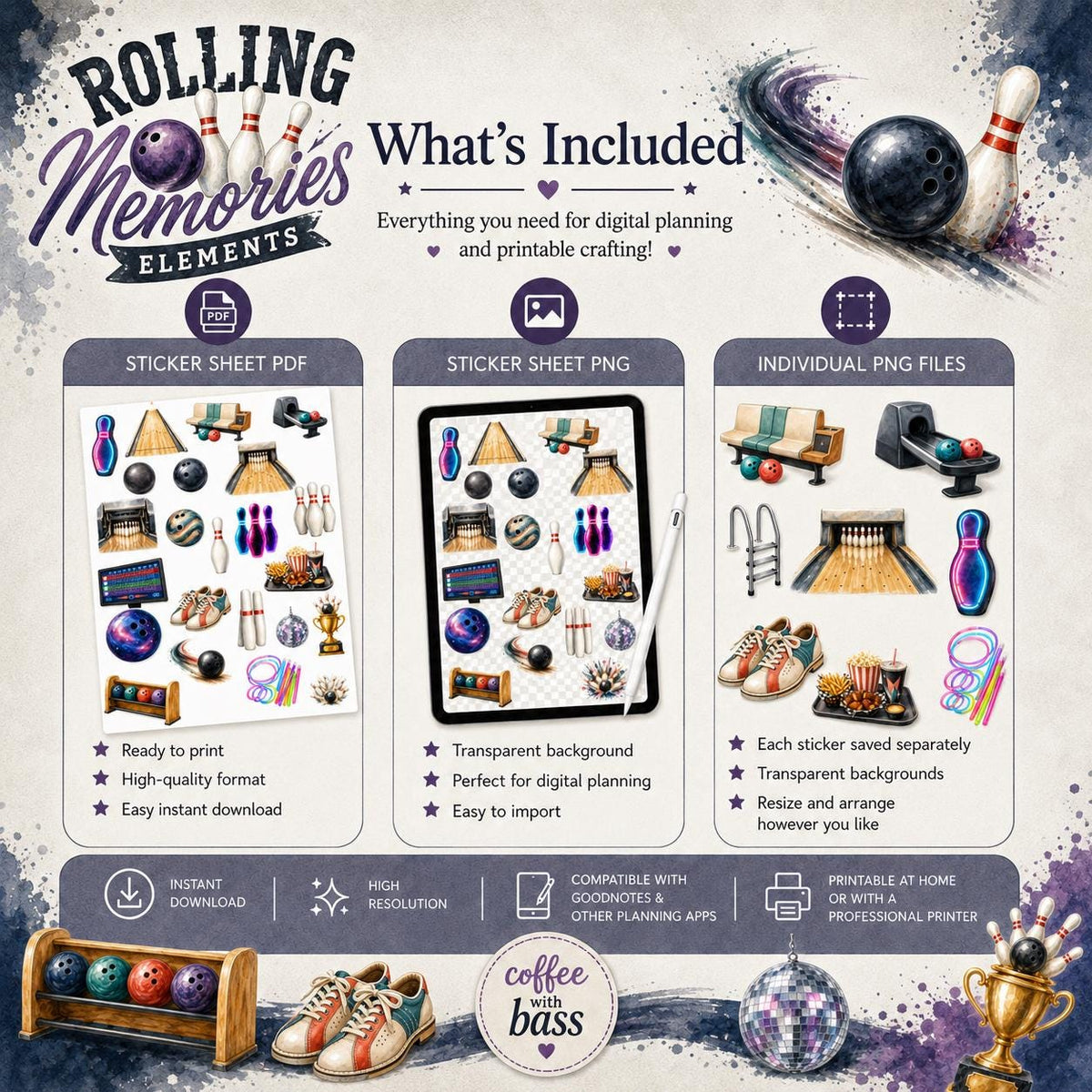 Bowling Clipart PNG Bundle | Bowling Scrapbook Elements | Bowling Stickers | Planner Stickers | Commercial Use