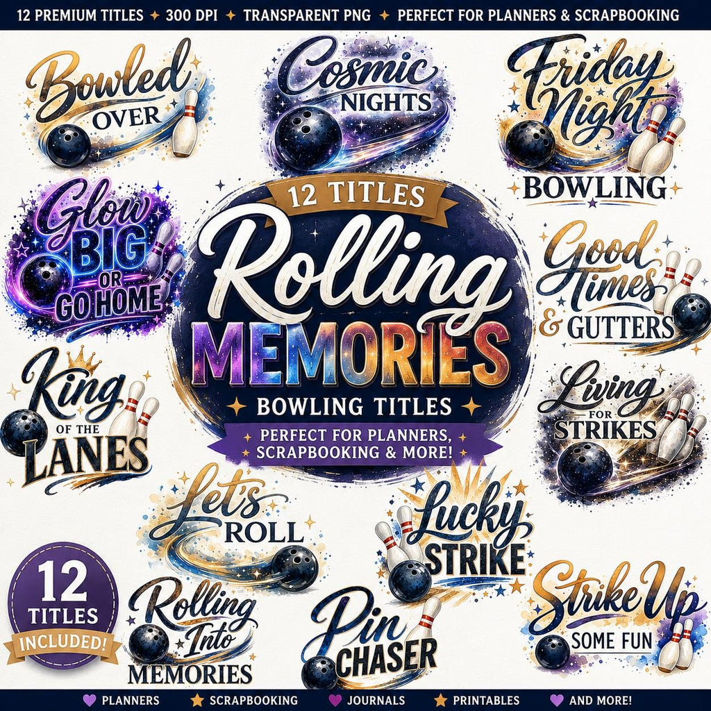 Bowling Titles PNG Bundle | Bowling Word Art | Scrapbook Titles | Planner Stickers | Watercolor Clipart | Commercial Use