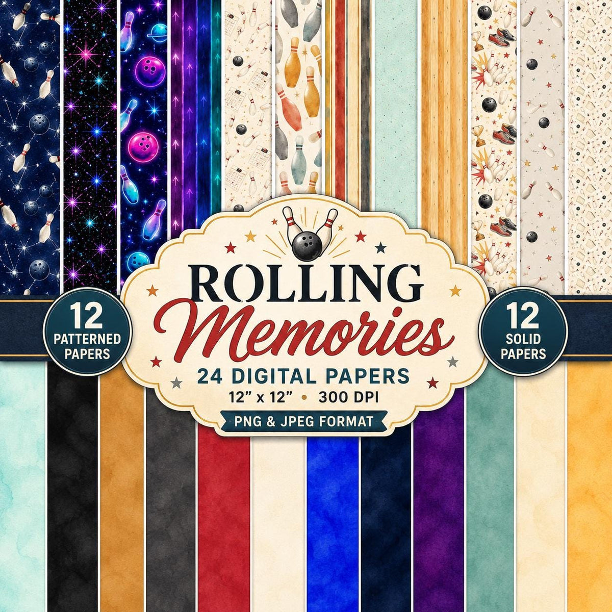Bowling Digital Paper Bundle | 24 Watercolor Scrapbook Papers | 12x12 Seamless Patterns | JPG PNG | Commercial Use