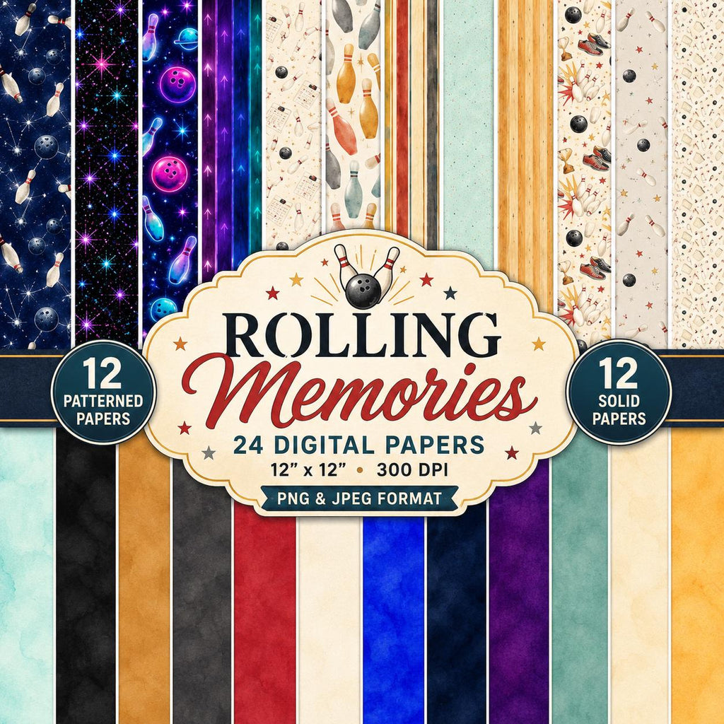 Bowling Digital Scrapbook Kit | Bowling Clipart PNG | 24 Digital Papers | Bowling Titles | Planner Stickers | Commercial Use