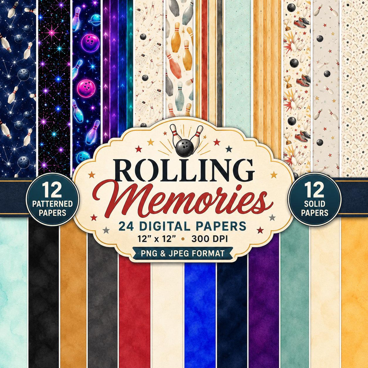 Bowling Digital Scrapbook Kit | Bowling Clipart PNG | 24 Digital Papers | Bowling Titles | Planner Stickers | Commercial Use
