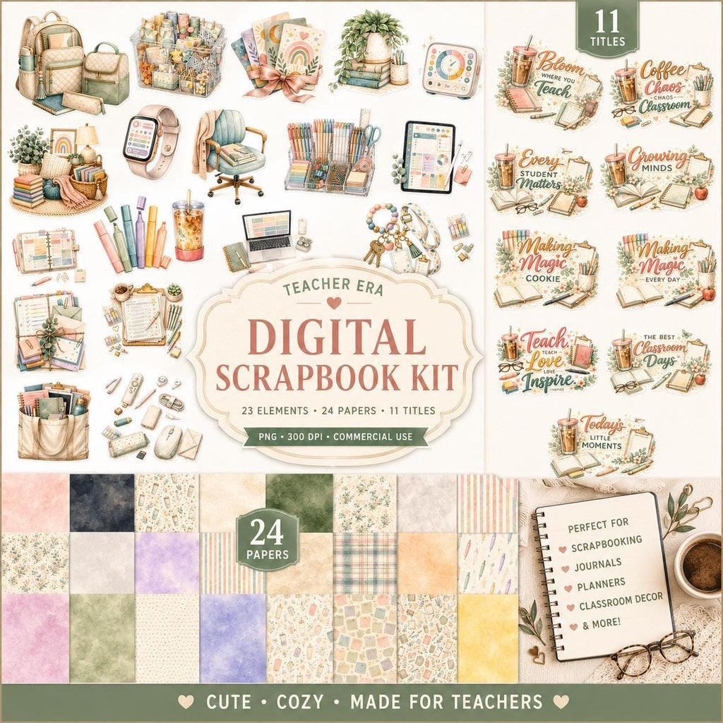 Teacher Digital Scrapbook Kit | 23 PNG Elements, 24 Papers & 11 Word Art Titles | Watercolor Teacher Clipart | Digital Download