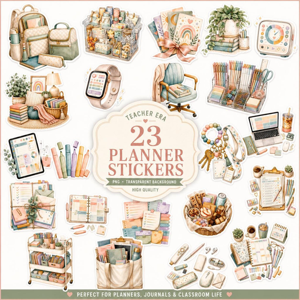 Teacher Digital Scrapbook Kit | 23 PNG Elements, 24 Papers & 11 Word Art Titles | Watercolor Teacher Clipart | Digital Download