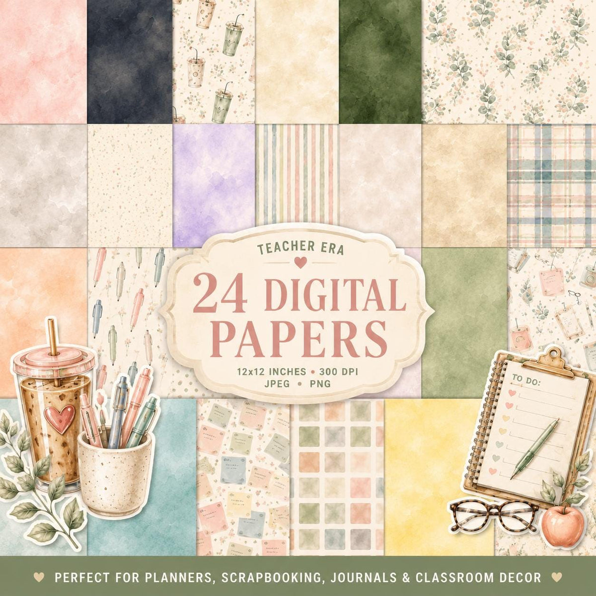 Teacher Digital Scrapbook Kit | 23 PNG Elements, 24 Papers & 11 Word Art Titles | Watercolor Teacher Clipart | Digital Download